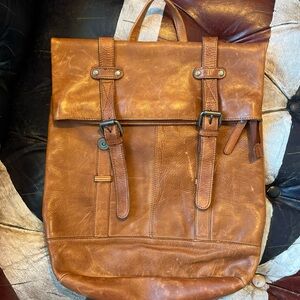 vintage Brown Leather Buckle Backpack / Roll-Top Rucksack.